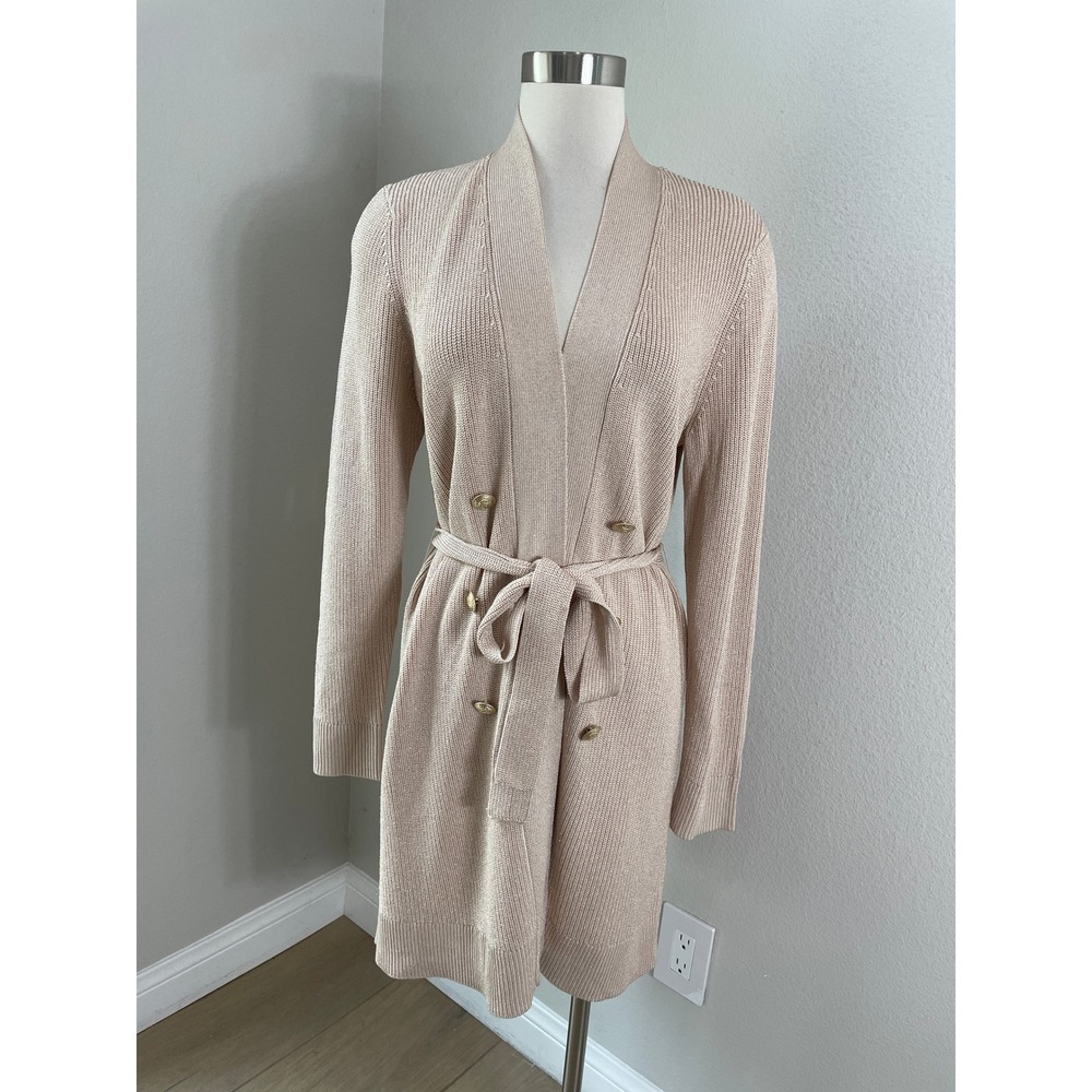 L'AGENCE Womens XL‎ Champagne Gold Metallic Knit Longline Duster Cardigan